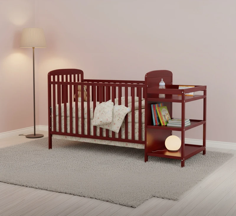 سرير أطفال حديث مصنوع من الخشب الصلب مع ارتفاع قابل للتعديل وتصميم قابل للتحويل